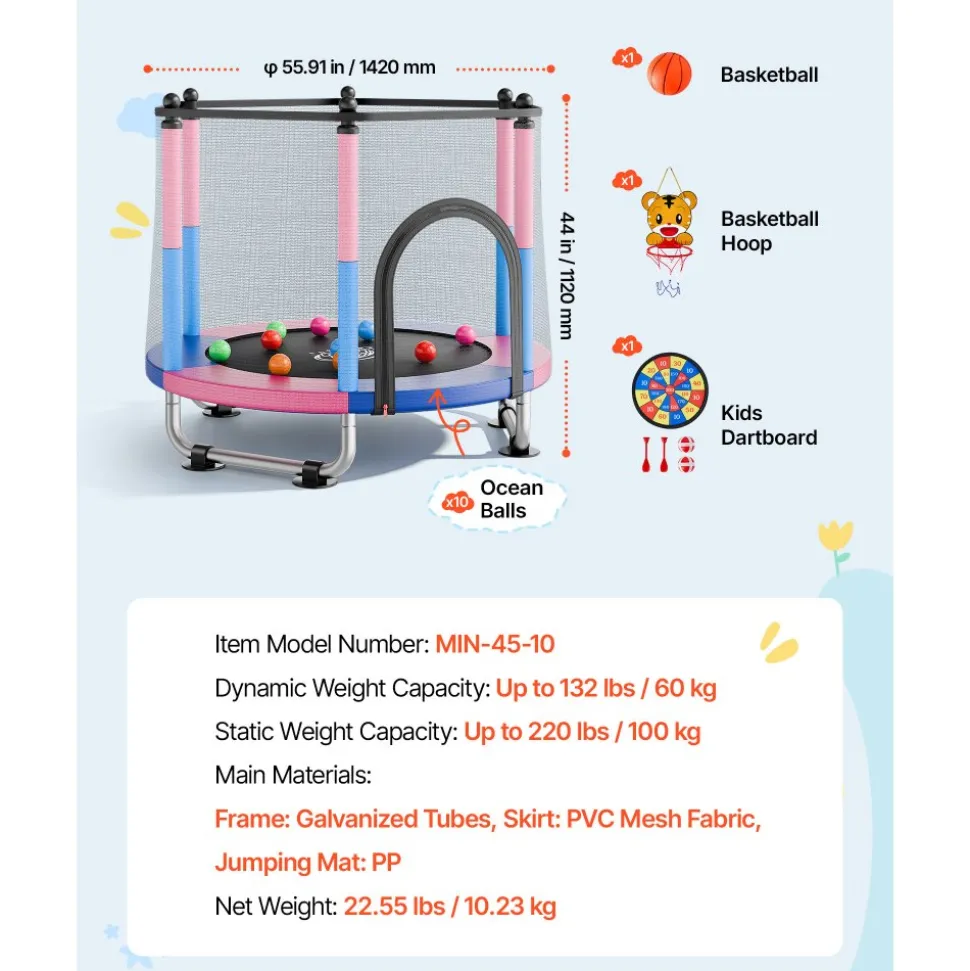 VEVOR 60" Trampoline for Kids, 5 FT Toddler Mini Trampoline, 132 lbs Indoor Outdoor Play Toys with Enclosure Net and Adjustable Gymnastics Bar, Christmas Toys Birthday Gifts for Girls Boys