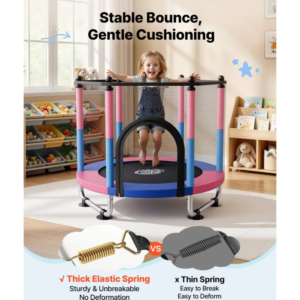 VEVOR 60" Trampoline for Kids, 5 FT Toddler Mini Trampoline, 132 lbs Indoor Outdoor Play Toys with Enclosure Net and Adjustable Gymnastics Bar, Christmas Toys Birthday Gifts for Girls Boys