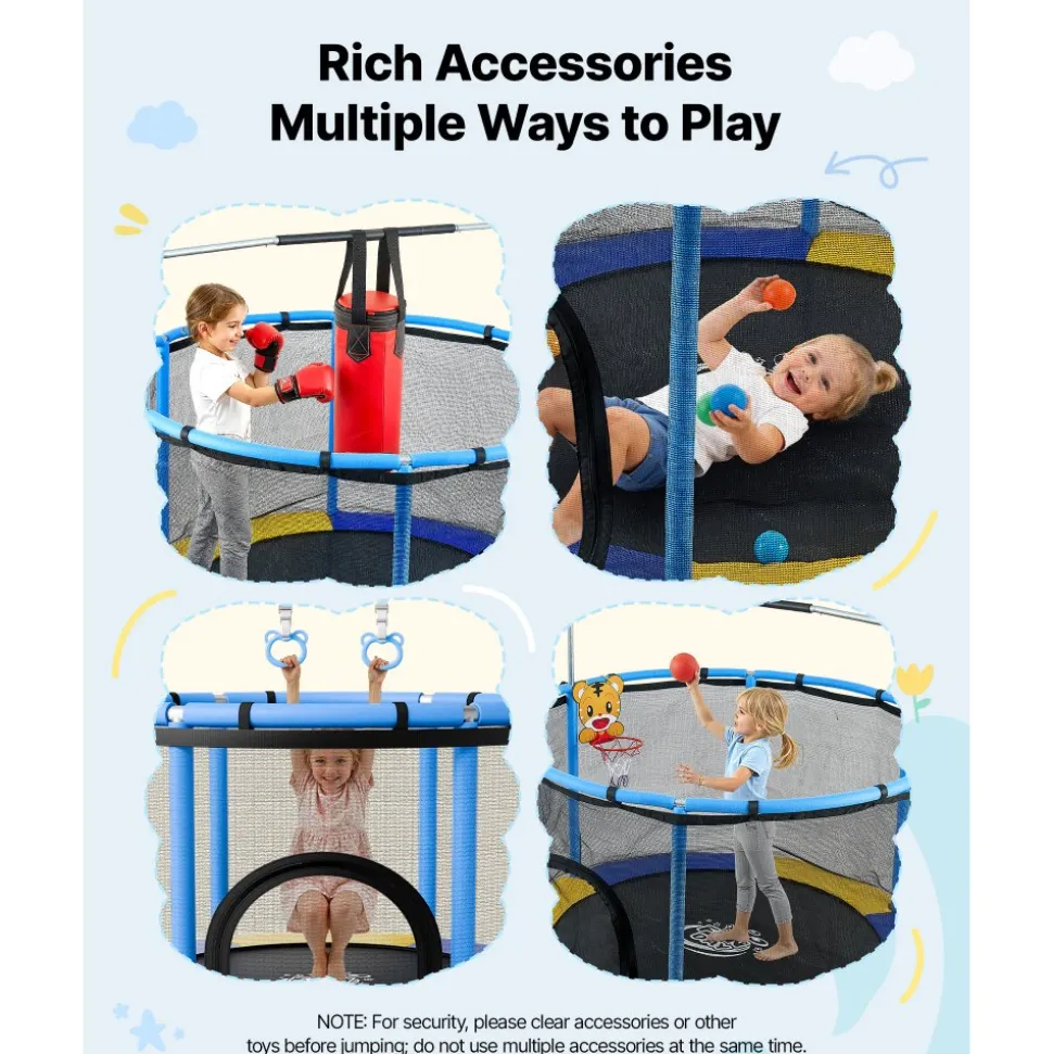 VEVOR 60" Trampoline for Kids, 5 FT Toddler Mini Trampoline, 132 lbs Indoor Outdoor Play Toys with Enclosure Net and Adjustable Gymnastics Bar, Christmas Toys Birthday Gifts for Girls Boys