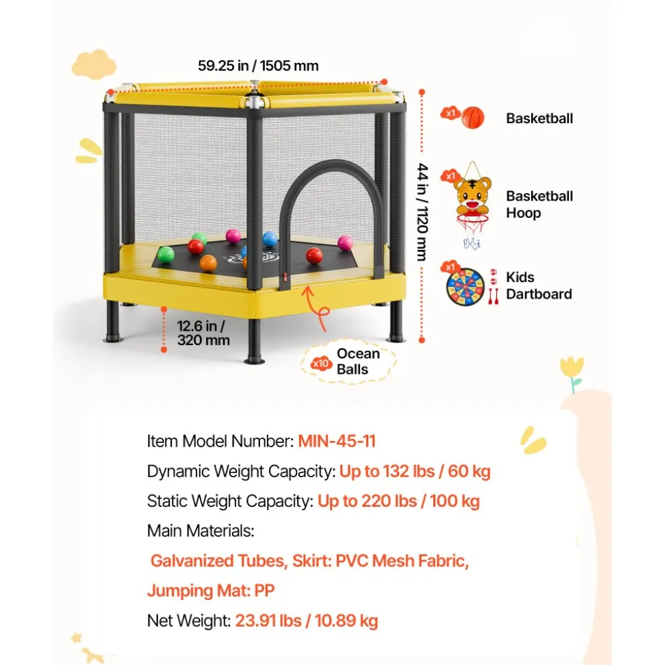VEVOR Trampoline for Kids, Toddler Mini Trampoline, 132 lbs Capacity Indoor Outdoor Play Toys with Enclosure Net and Basketball Hoop, Easy to Assemble, Christmas Toys Birthday Gifts for Girls Boys