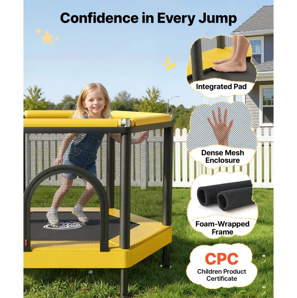 VEVOR Trampoline for Kids, Toddler Mini Trampoline, 132 lbs Capacity Indoor Outdoor Play Toys with Enclosure Net and Basketball Hoop, Easy to Assemble, Christmas Toys Birthday Gifts for Girls Boys