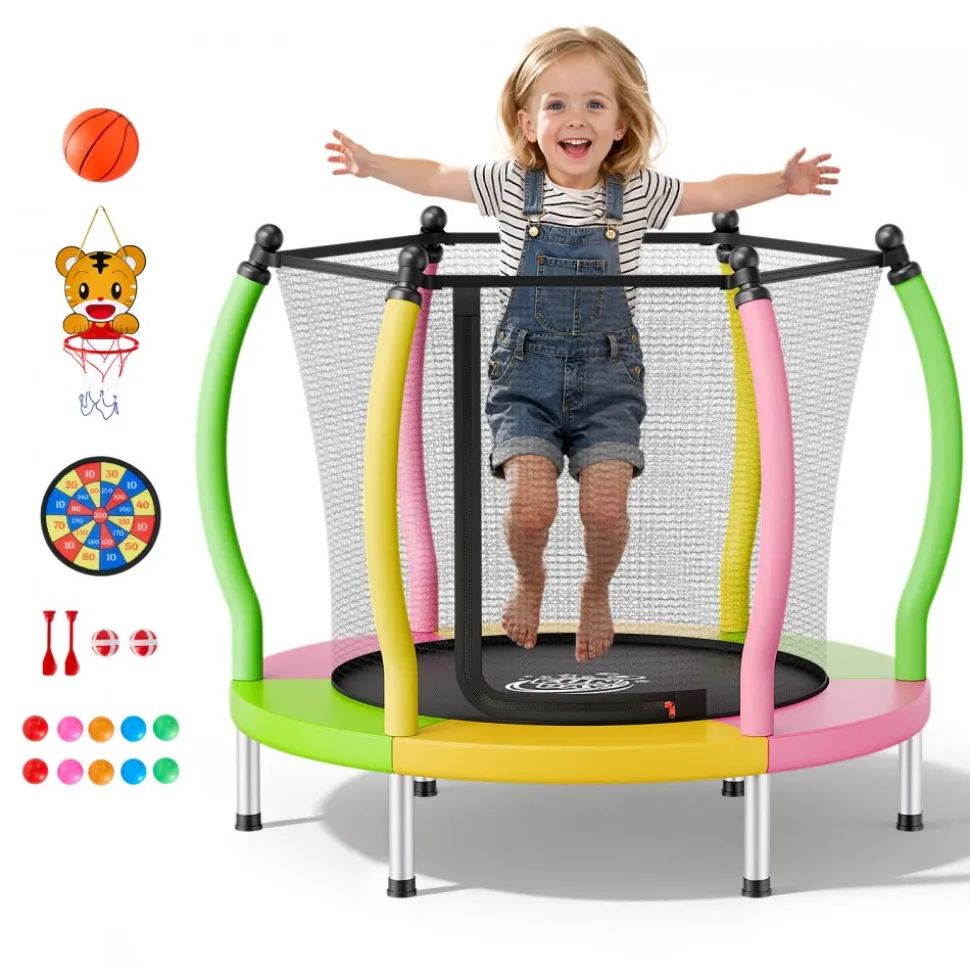 VEVOR Trampoline for Kids, Toddler Mini Trampoline, 132 lbs Capacity Indoor Outdoor Play Toys with Enclosure Net and Basketball Hoop, Easy to Assemble, Christmas Toys Birthday Gifts for Girls Boys