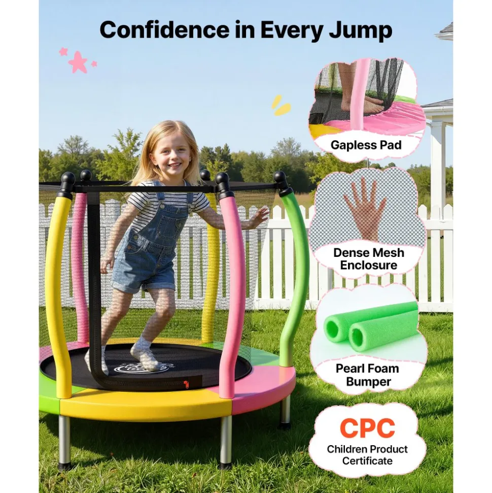 VEVOR Trampoline for Kids, Toddler Mini Trampoline, 132 lbs Capacity Indoor Outdoor Play Toys with Enclosure Net and Basketball Hoop, Easy to Assemble, Christmas Toys Birthday Gifts for Girls Boys