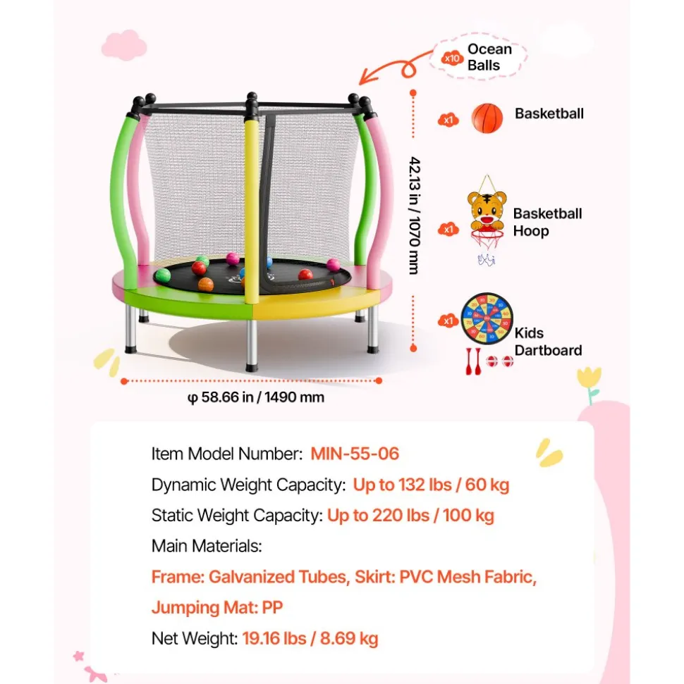 VEVOR Trampoline for Kids, Toddler Mini Trampoline, 132 lbs Capacity Indoor Outdoor Play Toys with Enclosure Net and Basketball Hoop, Easy to Assemble, Christmas Toys Birthday Gifts for Girls Boys