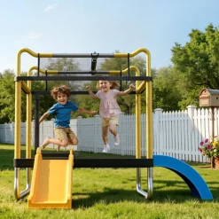 VEVOR Trampoline for Kids, Toddler Mini Trampoline, 132 lbs Capacity Indoor Outdoor Play Toys with Enclosure Net, Slide, and Ring, Easy to Assemble, Christmas Toys Birthday Gifts for Girls Boys