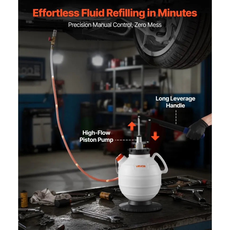 VEVOR Transmission Fluid Pump, 7.5 L Capacity, Manual Fluid Transfer Pump with 8 ATF Adapters & 47 in Outlet Horse, ATF Refill Kit, Oil Extractor Dispenser with HDPE Tank for Cars, Lawn Mowers