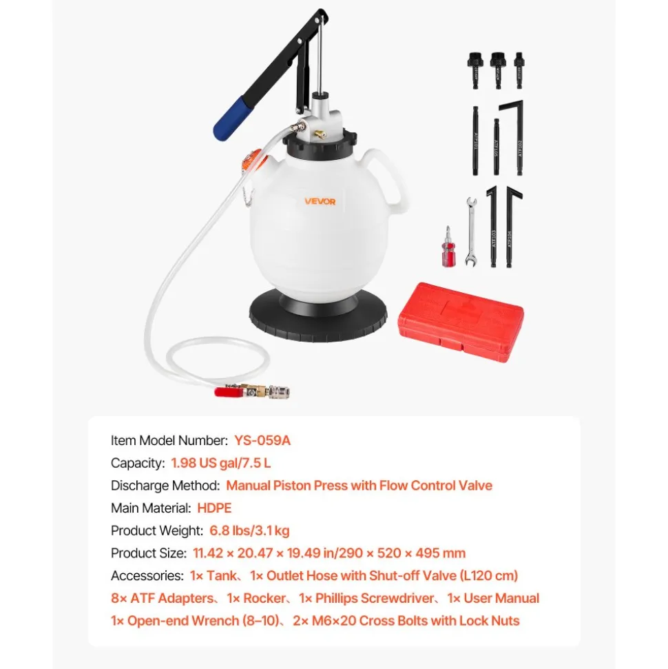 VEVOR Transmission Fluid Pump, 7.5 L Capacity, Manual Fluid Transfer Pump with 8 ATF Adapters & 47 in Outlet Horse, ATF Refill Kit, Oil Extractor Dispenser with HDPE Tank for Cars, Lawn Mowers