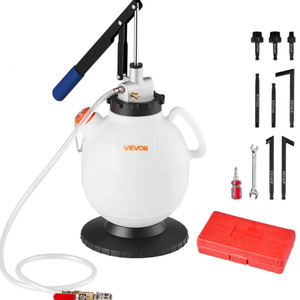 VEVOR Transmission Fluid Pump, 7.5 L Capacity, Manual Fluid Transfer Pump with 8 ATF Adapters & 47 in Outlet Horse, ATF Refill Kit, Oil Extractor Dispenser with HDPE Tank for Cars, Lawn Mowers