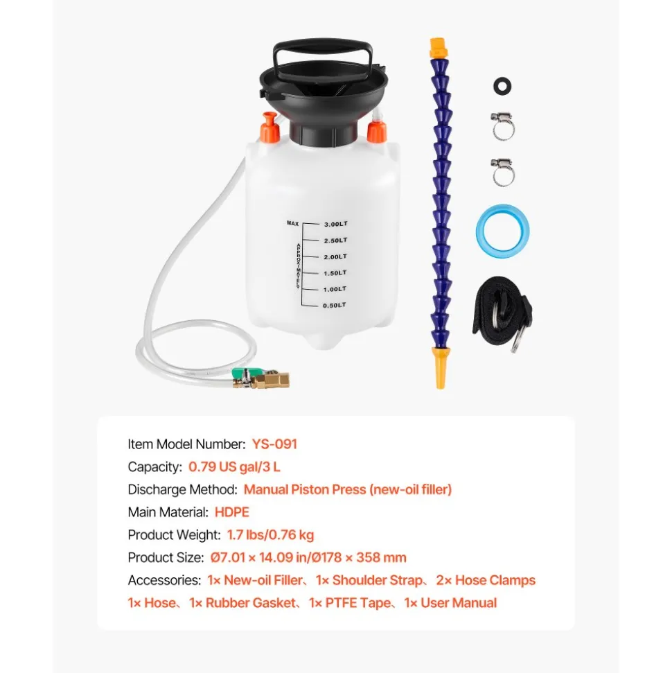 VEVOR Transmission Fluid Pump, 3 L Capacity, Manual Fluid Transfer Pump with 47 in Long Horse & HDPE Tank, Transmission Oil Pump with PTFE Tape, Manual Automotive Oil Filling System for Cars, Boats