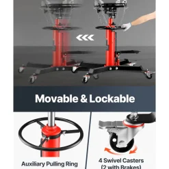 VEVOR Transmission Jack,0.75 Ton/1660 lbs Capacity Hydraulic Telescopic Transmission Jack, 2-Stage Floor Jack Stand with Foot Pedal, 360° Swivel Wheel, Garage/Shop Lift Hoist, Red