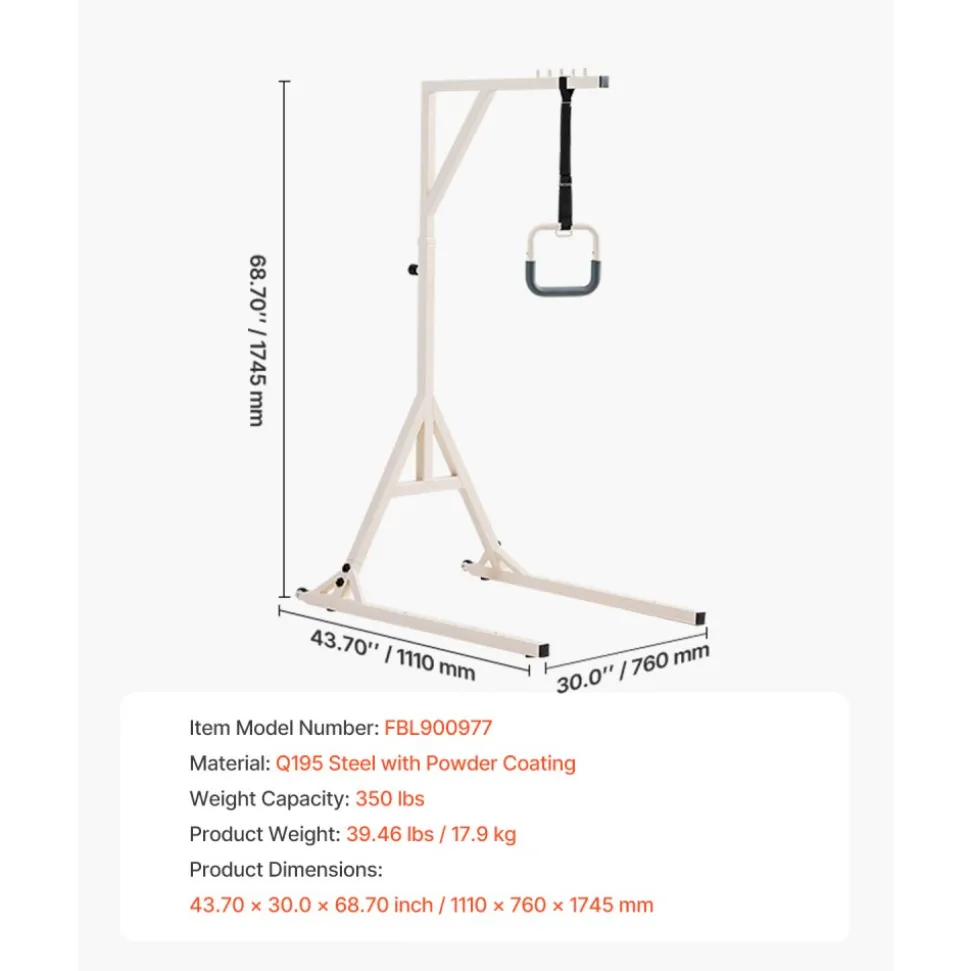 VEVOR Trapeze Bar for Bed Mobility, Height-Adjustable Bed Trapeze with 2 Casters, 350LBS Weight Capacity Heavy Duty Pull Up Trapeze Bar with Floor Stand for Elderly, Disabled, Bedridden Patients
