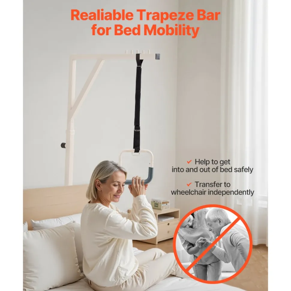VEVOR Trapeze Bar for Bed Mobility, Height-Adjustable Bed Trapeze with 2 Casters, 350LBS Weight Capacity Heavy Duty Pull Up Trapeze Bar with Floor Stand for Elderly, Disabled, Bedridden Patients