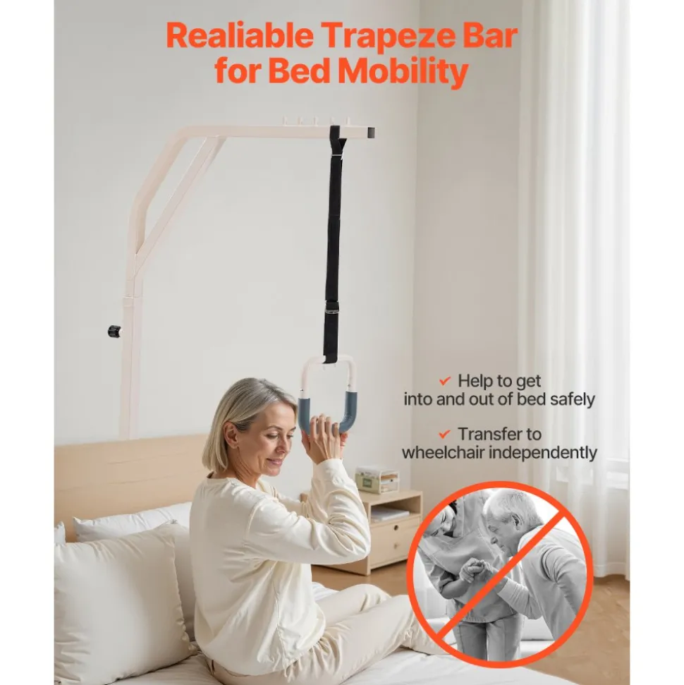 VEVOR Trapeze Bar for Bed Mobility, Height-Adjustable Free Standing Trapeze Bar with 2 Wheels, 300LBS Capacity Bed Pull Up Assist for Elderly Disabled, Ideal for Hospital, Nursing Home & Home Care