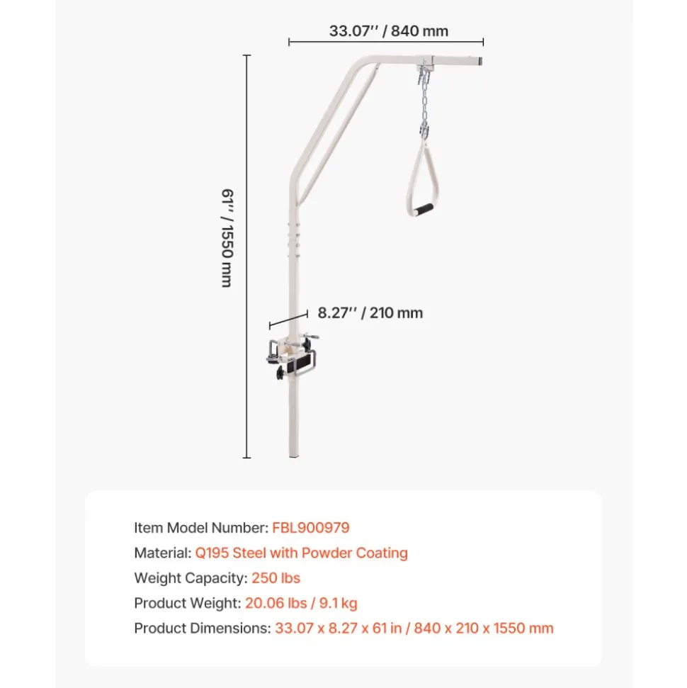 VEVOR Trapeze Bar for Bed Mobility, Medical Bed Trapeze with Clamps & Metal Chain, 250LBS Weight Capacity Bed Pull Up Assist for Elderly & Disabled, Ideal for Home Care, Hospitals, Nursing Homes