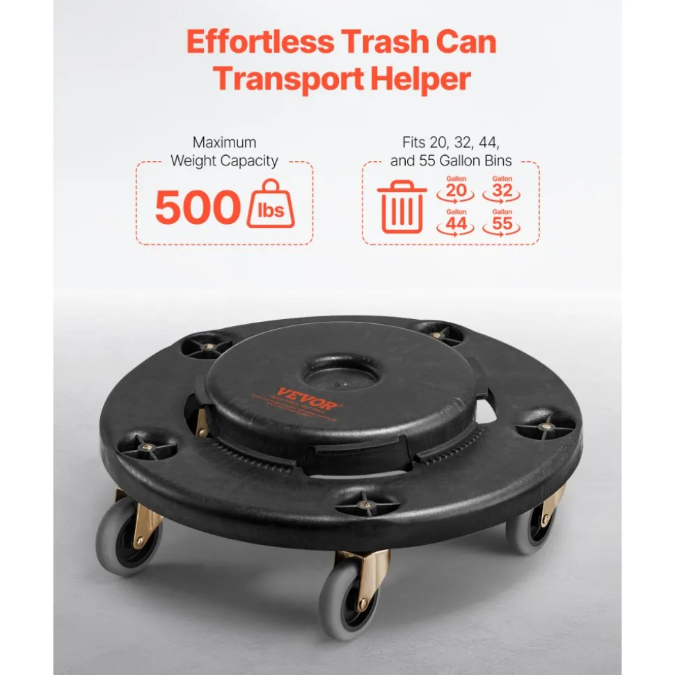 VEVOR Trash Can Dolly, Fit 20, 32, 44, 55 Gallon Containers, 2 Packs Round Trash Can Roller Base with 4 Lockable Wheels, 500lbs Heavy Duty Barrel Dolly, Multi-Functional Rolling Dolly Cart