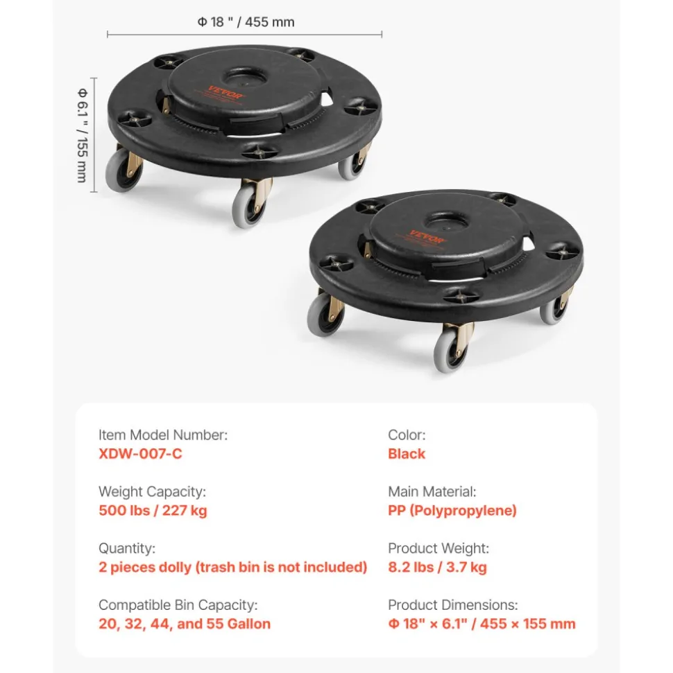 VEVOR Trash Can Dolly, Fit 20, 32, 44, 55 Gallon Containers, 2 Packs Round Trash Can Roller Base with 4 Lockable Wheels, 500lbs Heavy Duty Barrel Dolly, Multi-Functional Rolling Dolly Cart