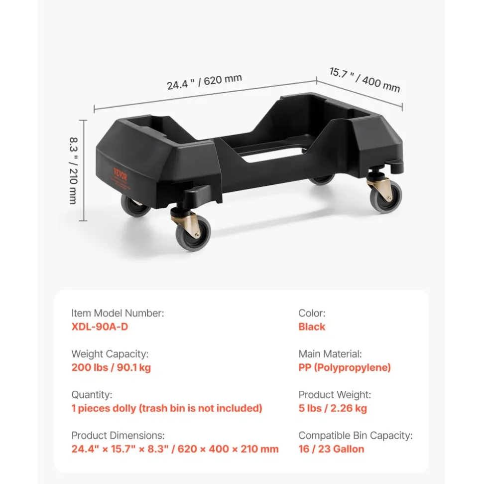 VEVOR Trash Can Dolly, Fit 16/23 Gallon Containers, Slim Trash Can Roller Base with 4 Lockable Wheels, 200lbs Weight Capacity, Heavy Duty Barrel Dolly, Smooth & Quiet Rolling Plastic Bin Dolly