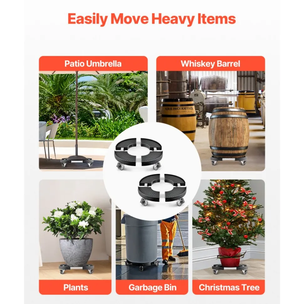 VEVOR Trash Can Dolly with 4 Lockable Wheels, 440lbs Weight Capacity, 2 Packs Round Trash Can Roller Base, 15-22.8 in Adjustable, Heavy Duty Plant Caddy, Multi-Functional Rolling Dolly Cart, Black