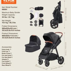 VEVOR Travel System Stroller with Infant Bassinet, 2-in-1 Baby Cradle Stroller Combo, Reversible Seat, Easy One-button Folding, EVA Tires with Brake Aluminum Stroller Carseat Combo Set (Black)