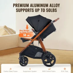 VEVOR Travel System Stroller with Infant Bassinet, 2-in-1 Baby Cradle Stroller Combo, Reversible Seat, Easy One-button Folding, EVA Tires with Brake Aluminum Stroller Carseat Combo Set (Black)