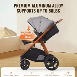 VEVOR Travel System Stroller with Infant Bassinet, 2-in-1 Baby Cradle Stroller Combo, Reversible Seat, Easy One-button Folding, EVA Tires with Brake Aluminum Stroller Carseat Combo Set (Dark Gray)