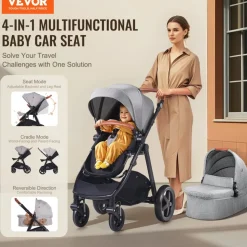 VEVOR Travel System Stroller with Infant Bassinet, 2-in-1 Baby Cradle Stroller Combo, Reversible Seat, Easy One-button Folding, EVA Tires with Brake Aluminum Stroller Carseat Combo Set (Dark Gray)
