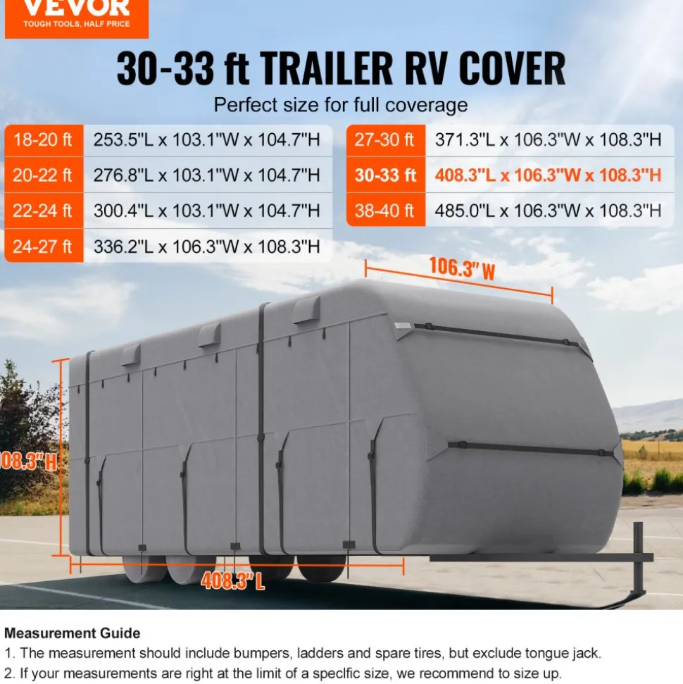 VEVOR Travel Trailer Cover, 30-33 ft RV Cover, 4-Layer Non-Woven Fabric Camper Cover, Waterproof, Windproof and Rip-Stop Class A RV Cover, with Storage Bag, Repair Patches, Straps and Tire Covers