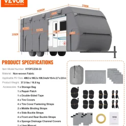 VEVOR Travel Trailer Cover, 30-33 ft RV Cover, 4-Layer Non-Woven Fabric Camper Cover, Waterproof, Windproof and Rip-Stop Class A RV Cover, with Storage Bag, Repair Patches, Straps and Tire Covers