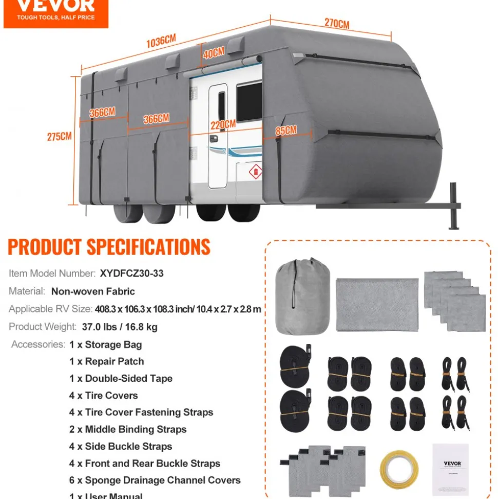 VEVOR Travel Trailer Cover, 30-33 ft RV Cover, 4-Layer Non-Woven Fabric Camper Cover, Waterproof, Windproof and Rip-Stop Class A RV Cover, with Storage Bag, Repair Patches, Straps and Tire Covers