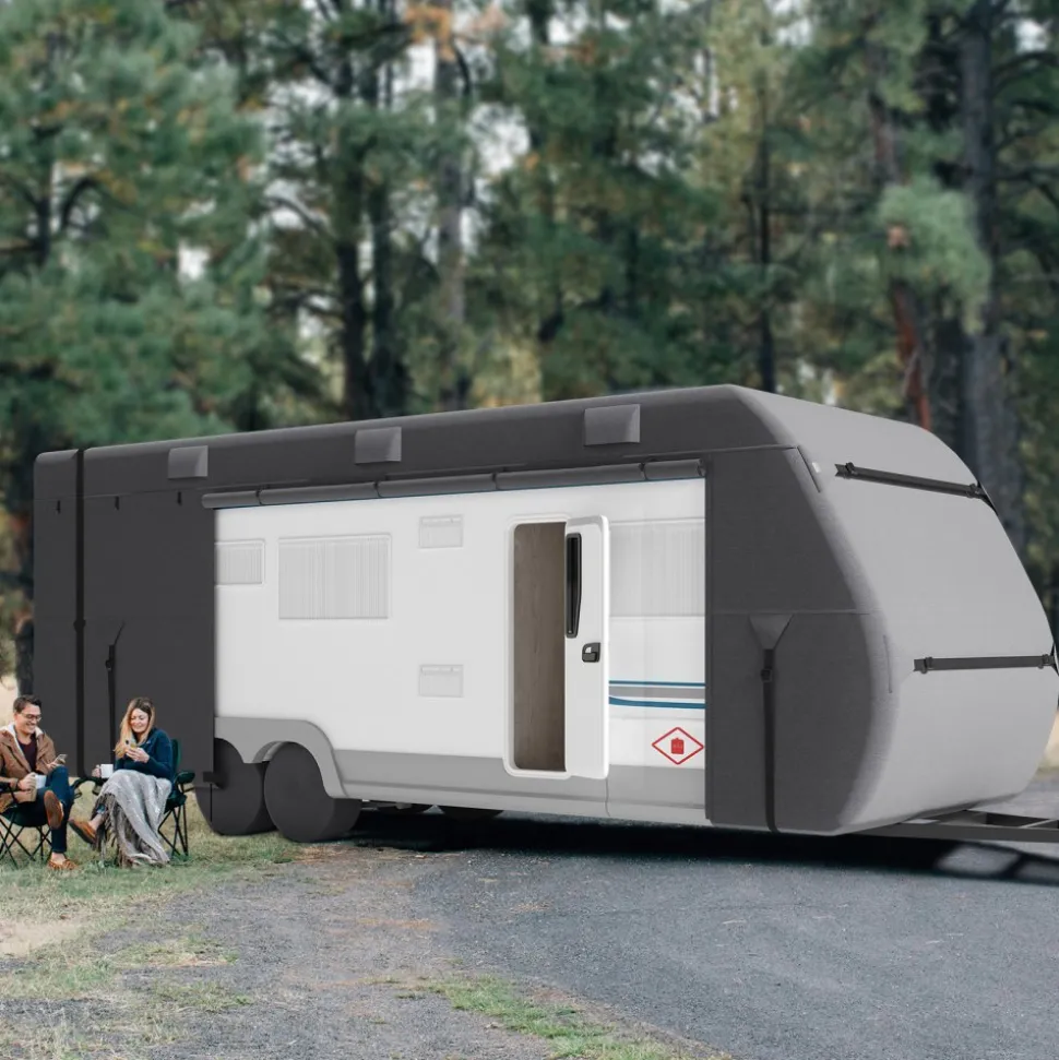 VEVOR Travel Trailer Cover, 22-24 ft RV Cover, 4-Layer Non-Woven Fabric Camper Cover, Waterproof, Windproof and Rip-Stop Class A RV Cover, with Storage Bag, Repair Patches, Straps and Tire Covers