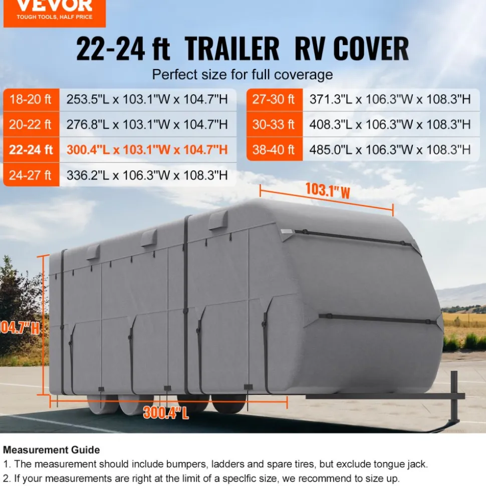 VEVOR Travel Trailer Cover, 22-24 ft RV Cover, 4-Layer Non-Woven Fabric Camper Cover, Waterproof, Windproof and Rip-Stop Class A RV Cover, with Storage Bag, Repair Patches, Straps and Tire Covers
