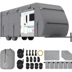 VEVOR Travel Trailer Cover, 22-24 ft RV Cover, 4-Layer Non-Woven Fabric Camper Cover, Waterproof, Windproof and Rip-Stop Class A RV Cover, with Storage Bag, Repair Patches, Straps and Tire Covers