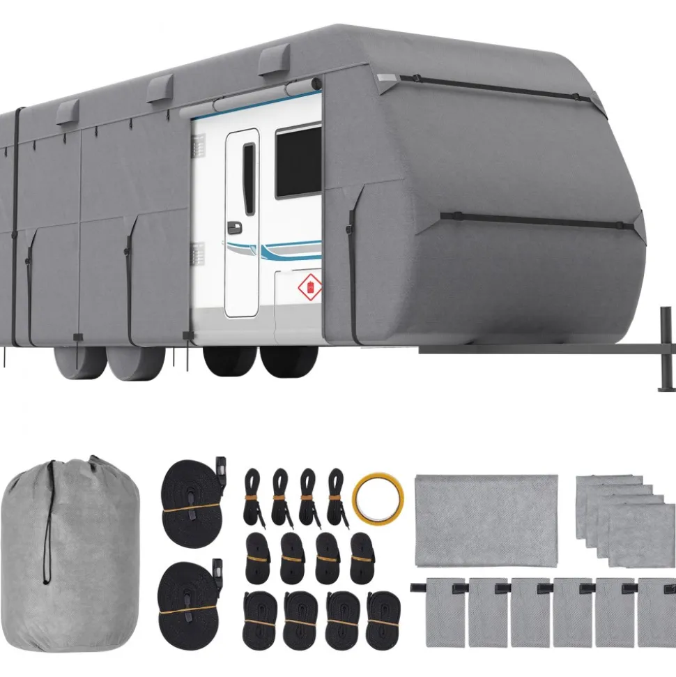 VEVOR Travel Trailer Cover, 22-24 ft RV Cover, 4-Layer Non-Woven Fabric Camper Cover, Waterproof, Windproof and Rip-Stop Class A RV Cover, with Storage Bag, Repair Patches, Straps and Tire Covers