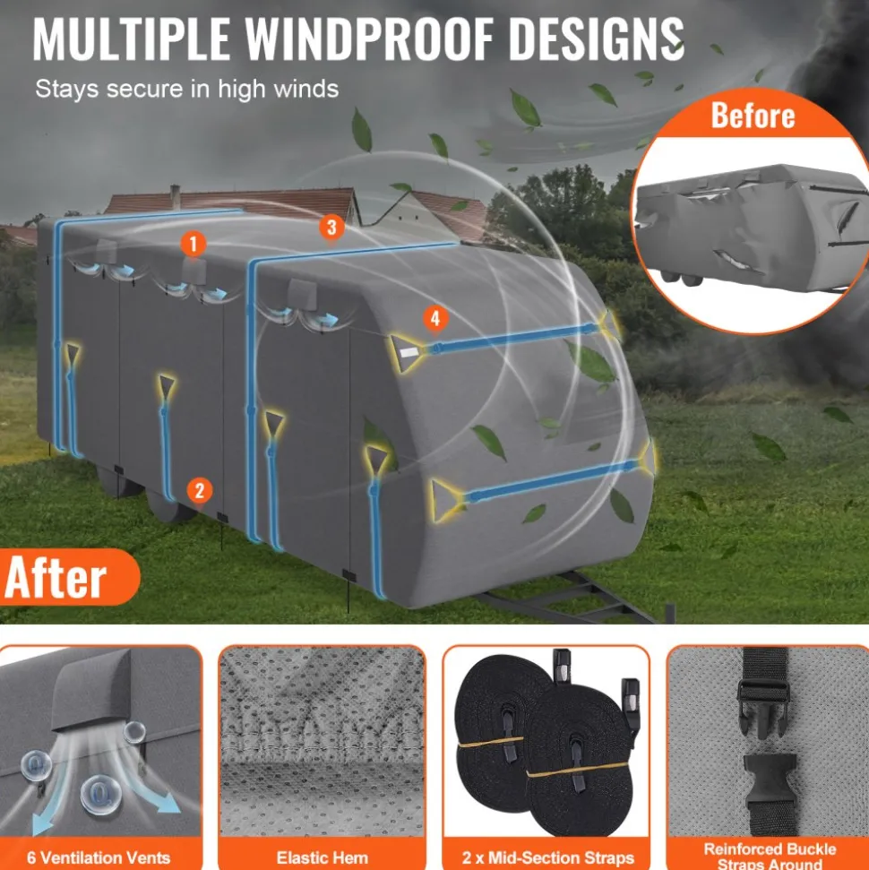 VEVOR Travel Trailer Cover, 22-24 ft RV Cover, 4-Layer Non-Woven Fabric Camper Cover, Waterproof, Windproof and Rip-Stop Class A RV Cover, with Storage Bag, Repair Patches, Straps and Tire Covers