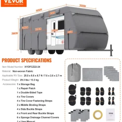 VEVOR Travel Trailer Cover, 22-24 ft RV Cover, 4-Layer Non-Woven Fabric Camper Cover, Waterproof, Windproof and Rip-Stop Class A RV Cover, with Storage Bag, Repair Patches, Straps and Tire Covers