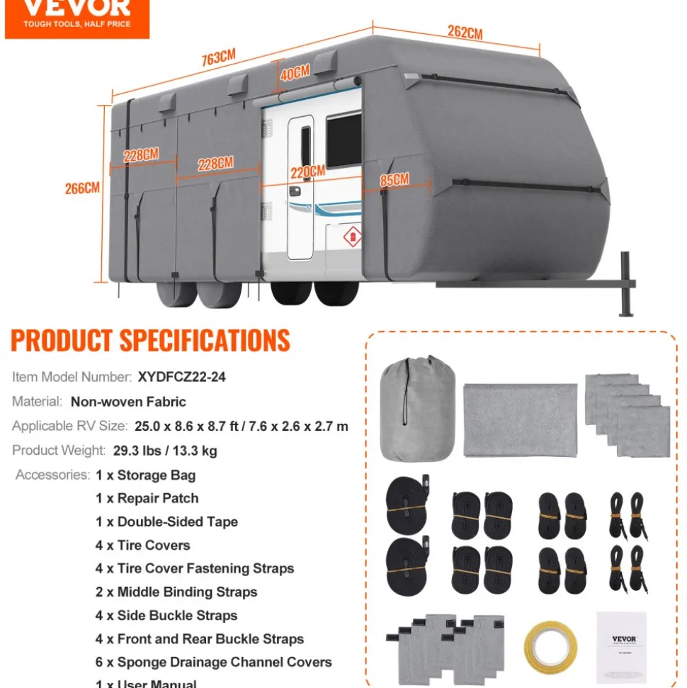 VEVOR Travel Trailer Cover, 22-24 ft RV Cover, 4-Layer Non-Woven Fabric Camper Cover, Waterproof, Windproof and Rip-Stop Class A RV Cover, with Storage Bag, Repair Patches, Straps and Tire Covers