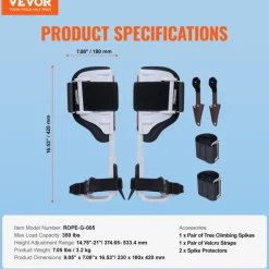 VEVOR Tree Climbing Spikes, 1 Pair Aluminum Climbing Spurs, 350lbs Load Capacity Tree Climbing Gear with Straps and Spike Protectors, Arborist Equipment for Climbers, Hunting, Fruit Picking, White