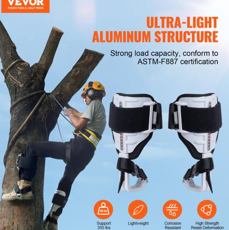 VEVOR Tree Climbing Spikes, 1 Pair Aluminum Climbing Spurs, 350lbs Load Capacity Tree Climbing Gear with Straps and Spike Protectors, Arborist Equipment for Climbers, Hunting, Fruit Picking, White