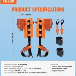 VEVOR Tree Climbing Spikes, 1 Pair Alloy Steel Climbing Spurs, 350lbs Load Capacity Tree Climbing Gear with Straps and Spike Protectors, Arborist Equipment for Climbers, Hunting, Fruit Picking, Orange