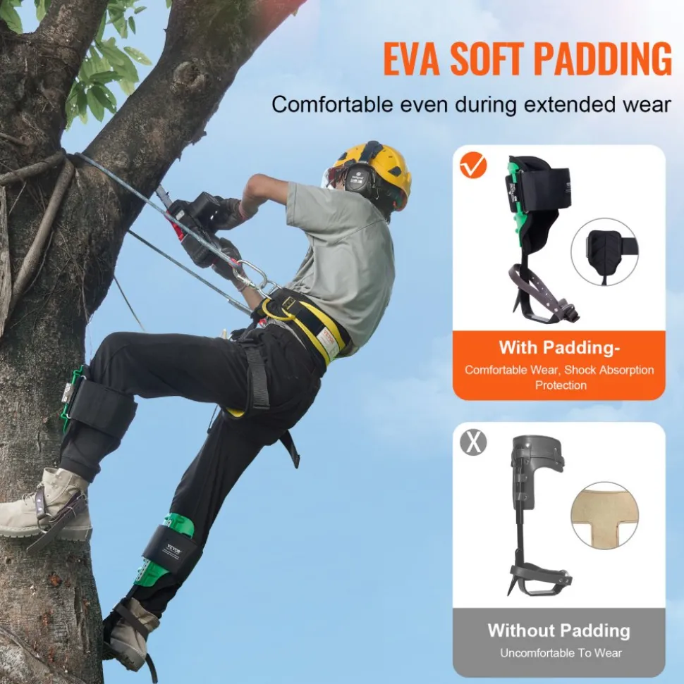 VEVOR Tree Climbing Spikes, 1 Pair Alloy Steel Climbing Spurs, 350lbs Load Capacity Tree Climbing Gear with Straps and Spike Protectors, Arborist Equipment for Climbers, Hunting, Fruit Picking, Green