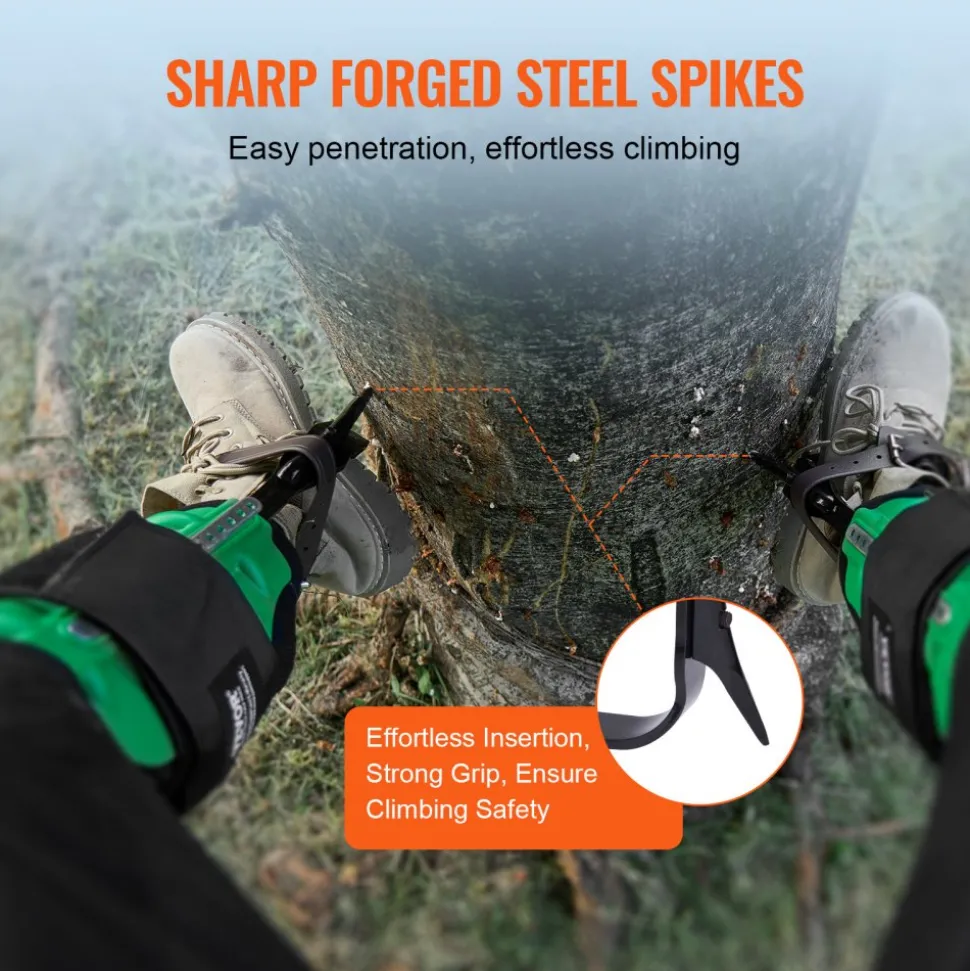 VEVOR Tree Climbing Spikes, 1 Pair Alloy Steel Climbing Spurs, 350lbs Load Capacity Tree Climbing Gear with Straps and Spike Protectors, Arborist Equipment for Climbers, Hunting, Fruit Picking, Green