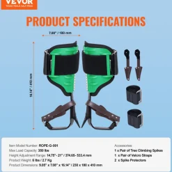 VEVOR Tree Climbing Spikes, 1 Pair Alloy Steel Climbing Spurs, 350lbs Load Capacity Tree Climbing Gear with Straps and Spike Protectors, Arborist Equipment for Climbers, Hunting, Fruit Picking, Green