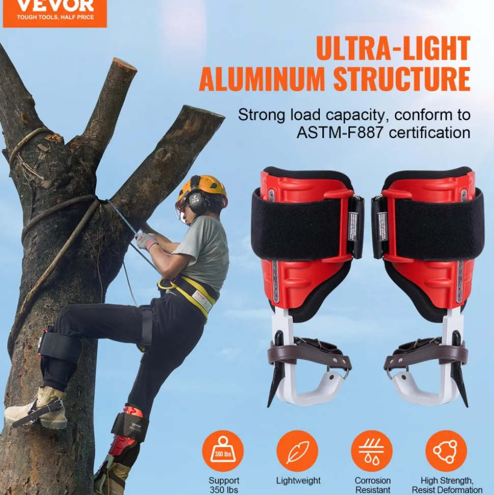 VEVOR Tree Climbing Spikes, 1 Pair Aluminum Climbing Spurs, 350lbs Load Capacity Tree Climbing Gear with Straps and Spike Protectors, Arborist Equipment for Climbers, Hunting, Fruit Picking, Red