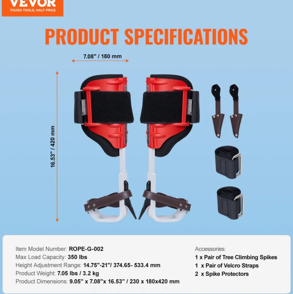 VEVOR Tree Climbing Spikes, 1 Pair Aluminum Climbing Spurs, 350lbs Load Capacity Tree Climbing Gear with Straps and Spike Protectors, Arborist Equipment for Climbers, Hunting, Fruit Picking, Red
