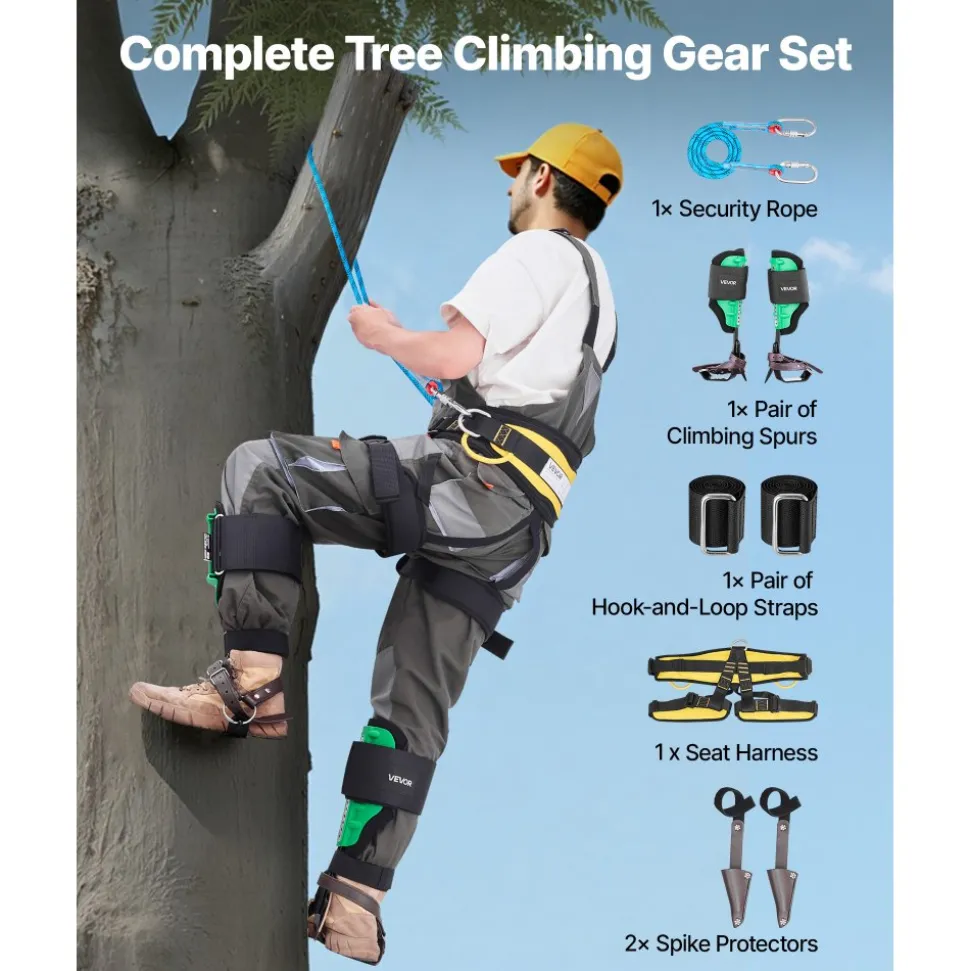 VEVOR Tree Climbing Spikes Set, Height-Adjustable Tree Climbing Gear with Straps & Spike Protectors, 350 lbs Load Capacity, Heavy Duty Steel Climb Spurs Arborist Equipment for Fruit Picking Hunting