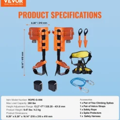 VEVOR Tree Climbing Spikes Set, 1 Pair Alloy Steel Climbing Spurs with Safety Rope and Safety Harness, 350lbs Load Capacity Tree Climbing Gear, Arborist Equipment for Climbers, Fruit Picking, Orange