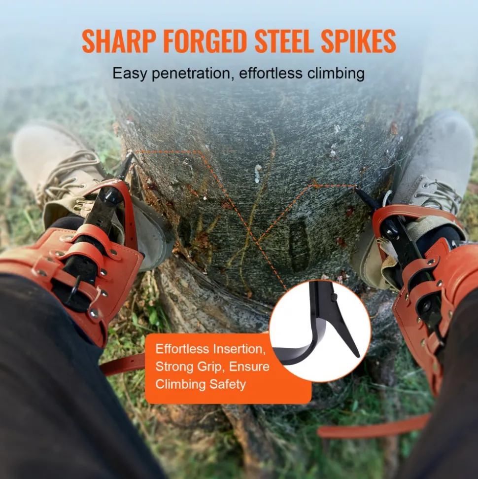 VEVOR Tree Climbing Spikes Set, 1 Pair Alloy Steel Climbing Spurs with Safety Rope and Safety Harness, 350lbs Load Capacity Tree Climbing Gear, Arborist Equipment for Climbers, Fruit Picking, Orange
