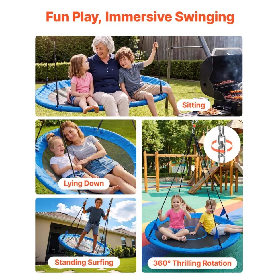 VEVOR Tree Swing 60" Saucer Swing for Kids & Adults 700 lbs Weight Capacity, for Backyard Outdoor & Indoor, 360° Rotation, 900D Oxford Fabric Round Seat with 2 Hanging Straps & Adjustable Ropes, Blue