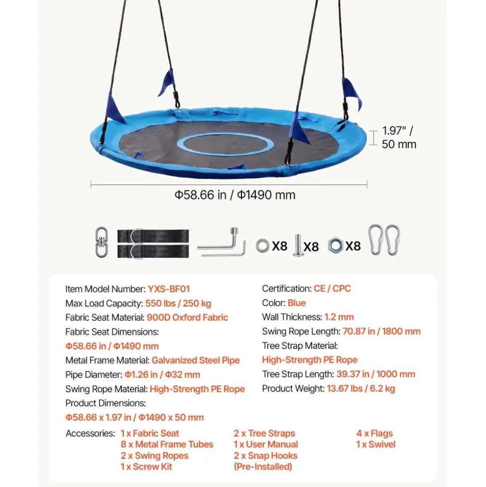 VEVOR Tree Swing 60" Saucer Swing for Kids & Adults 700 lbs Weight Capacity, for Backyard Outdoor & Indoor, 360° Rotation, 900D Oxford Fabric Round Seat with 2 Hanging Straps & Adjustable Ropes, Blue
