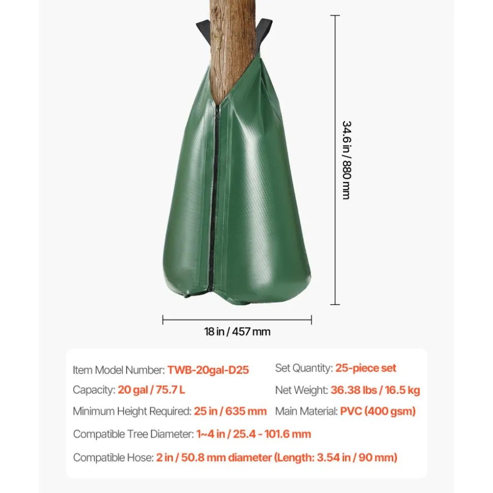 VEVOR Tree Watering Bag, 25 Packs 20 Gallons Watering Bags for New Trees, 5-9 Hours Slow Release Refillable Tree Drip Irrigation Bags with Zipper, Durable Tree Watering System for Deep Root Targeting